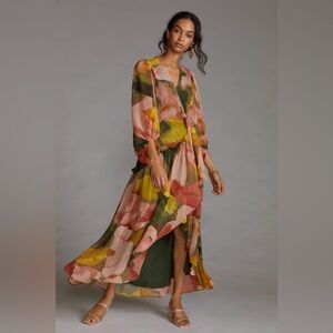 Anthropologie Hutch Geo Wrap Maxi Dress Size Medium Green Pink Multi Romantic